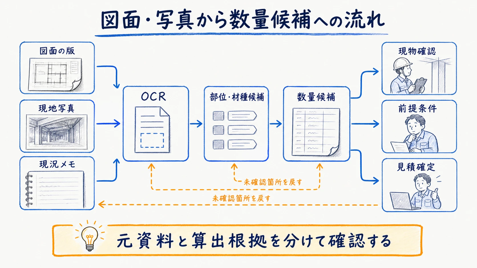 図面OCR・現地写真から数量と見積案を作る入力資料整理図