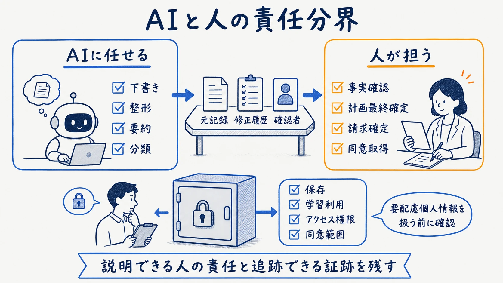 AIに任せる下書き業務と人が担う最終判断を分けた責任分界図