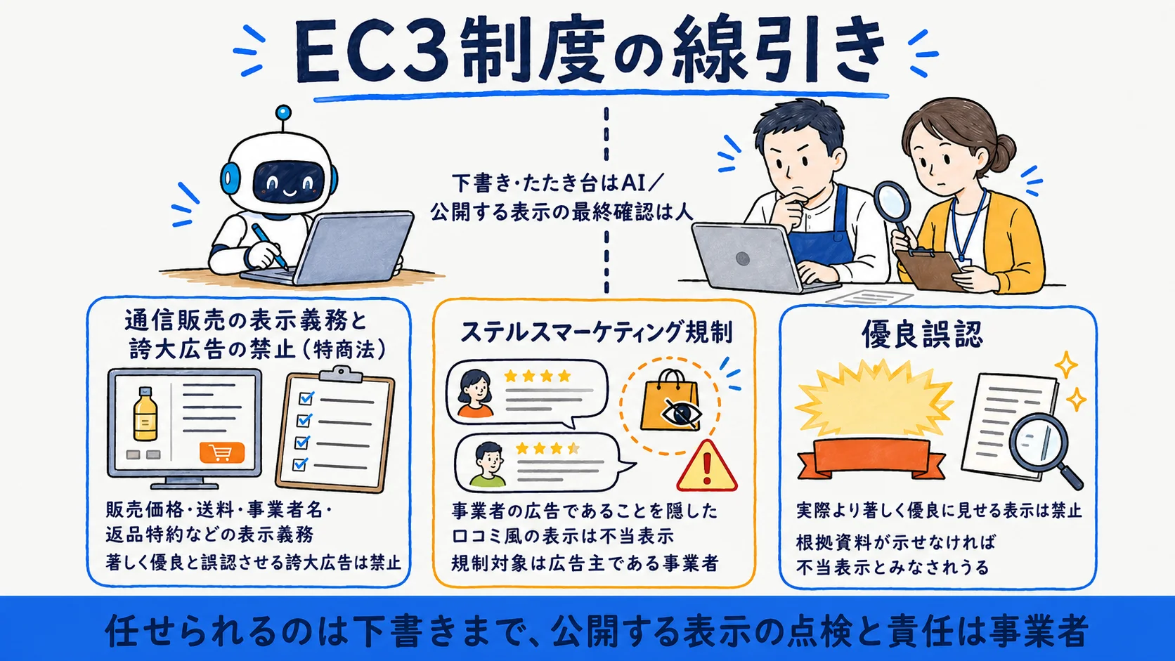 EC3制度の線引き:通信販売の表示義務と誇大広告の禁止(特商法)・ステルスマーケティング規制・優良誤認の関係を整理した図