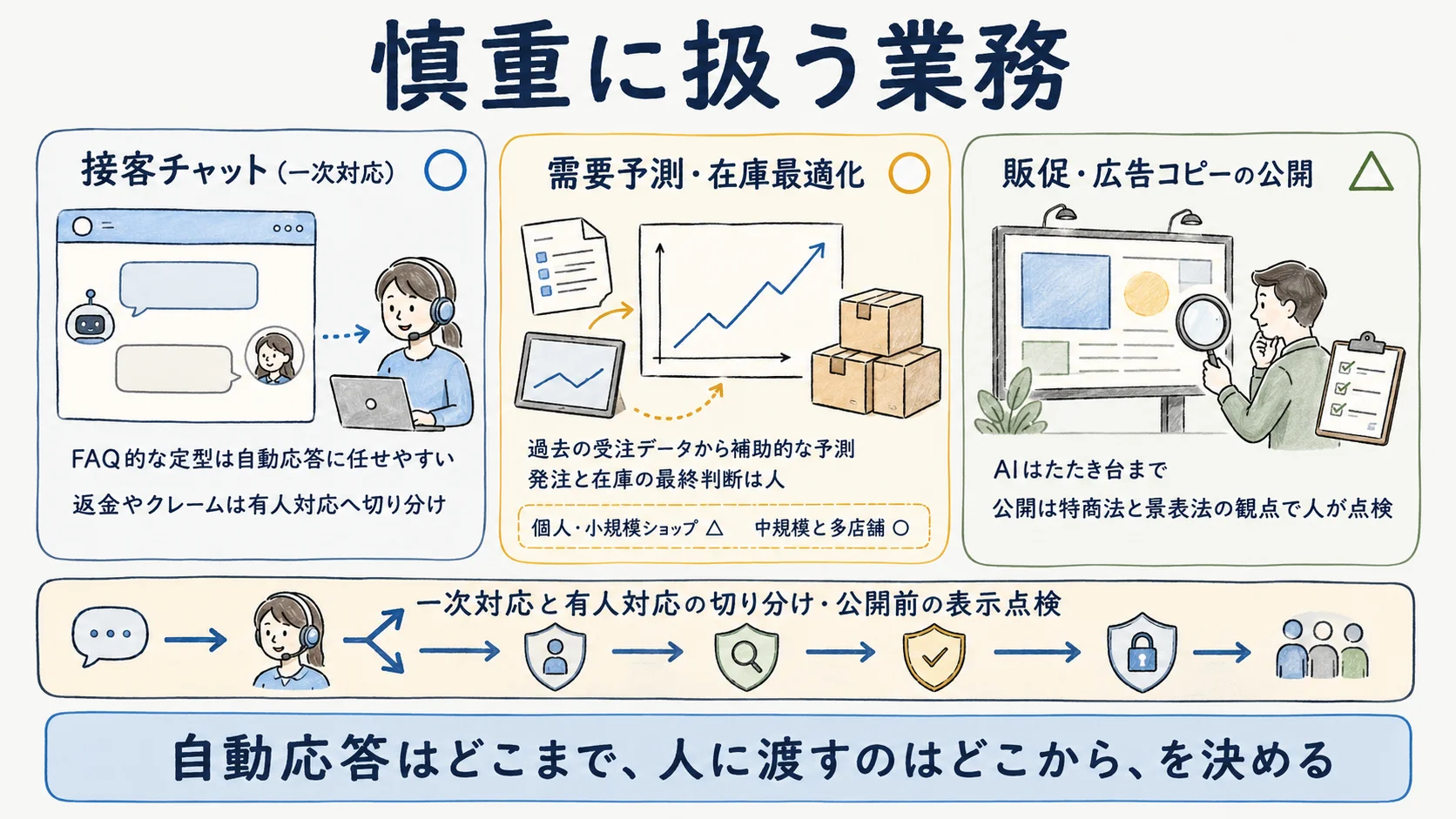 ECで慎重に扱う業務:接客チャットの一次対応・需要予測・販促コピーの公開前点検と切り分けを示す図
