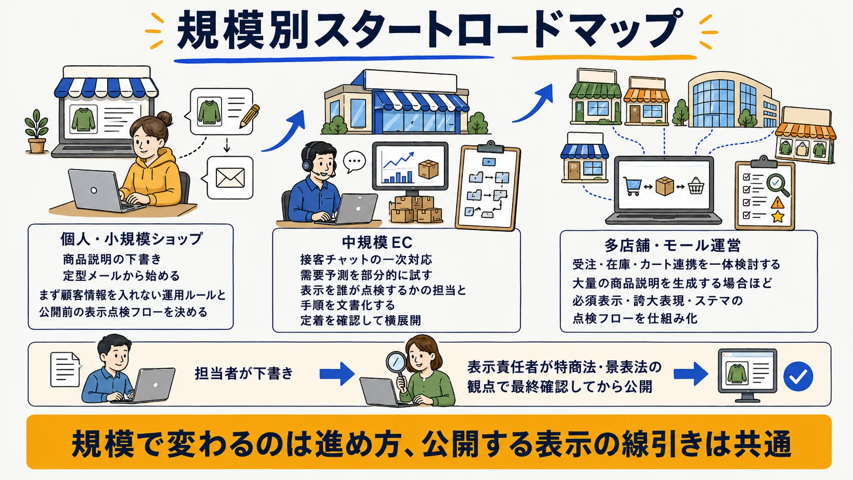 ECの規模別スタートロードマップ:個人・小規模ショップ/中規模EC/多店舗・モール運営それぞれの着手順と表示点検の責任分界を示す図