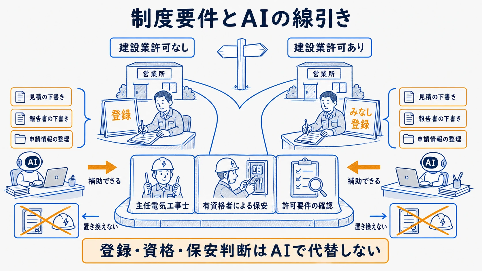 登録電気工事業者とみなし登録と主任電気工事士と建設業許可の要否を示す流れ図