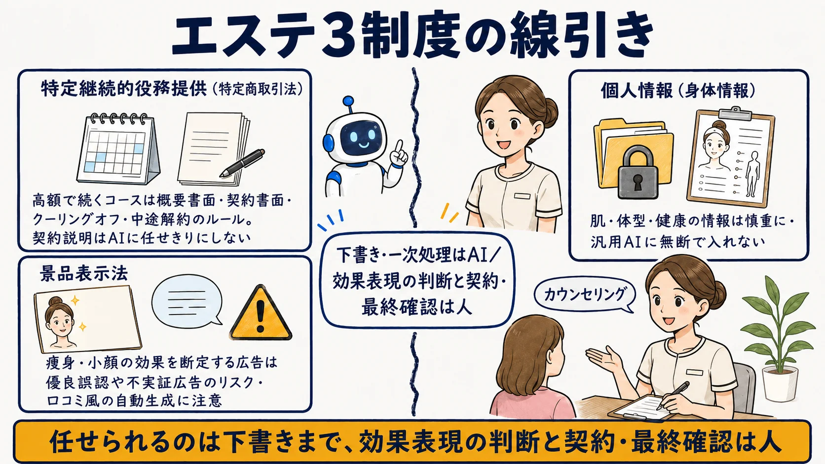エステ3制度の線引き：特定継続的役務提供（特商法）・効果標榜と景品表示法・顧客の身体情報の取扱いの関係を整理した図