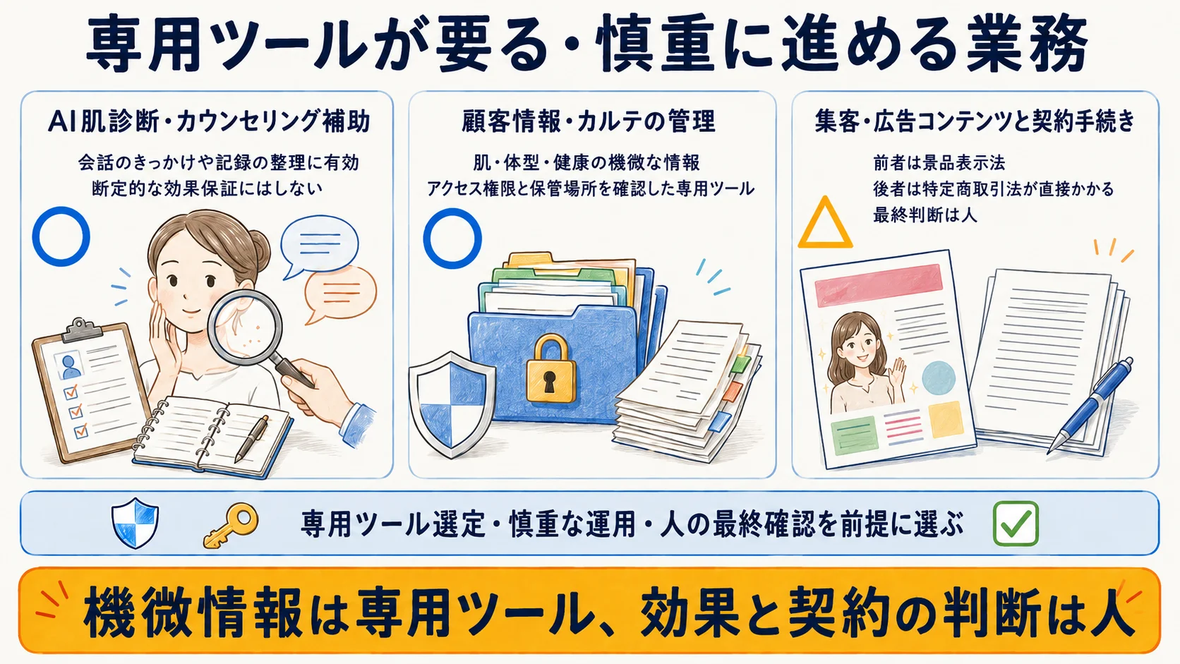 エステサロンで専用ツールや慎重な運用が要る業務：AI肌診断・顧客情報管理・効果訴求の集客広告・契約手続きの注意点を示す図