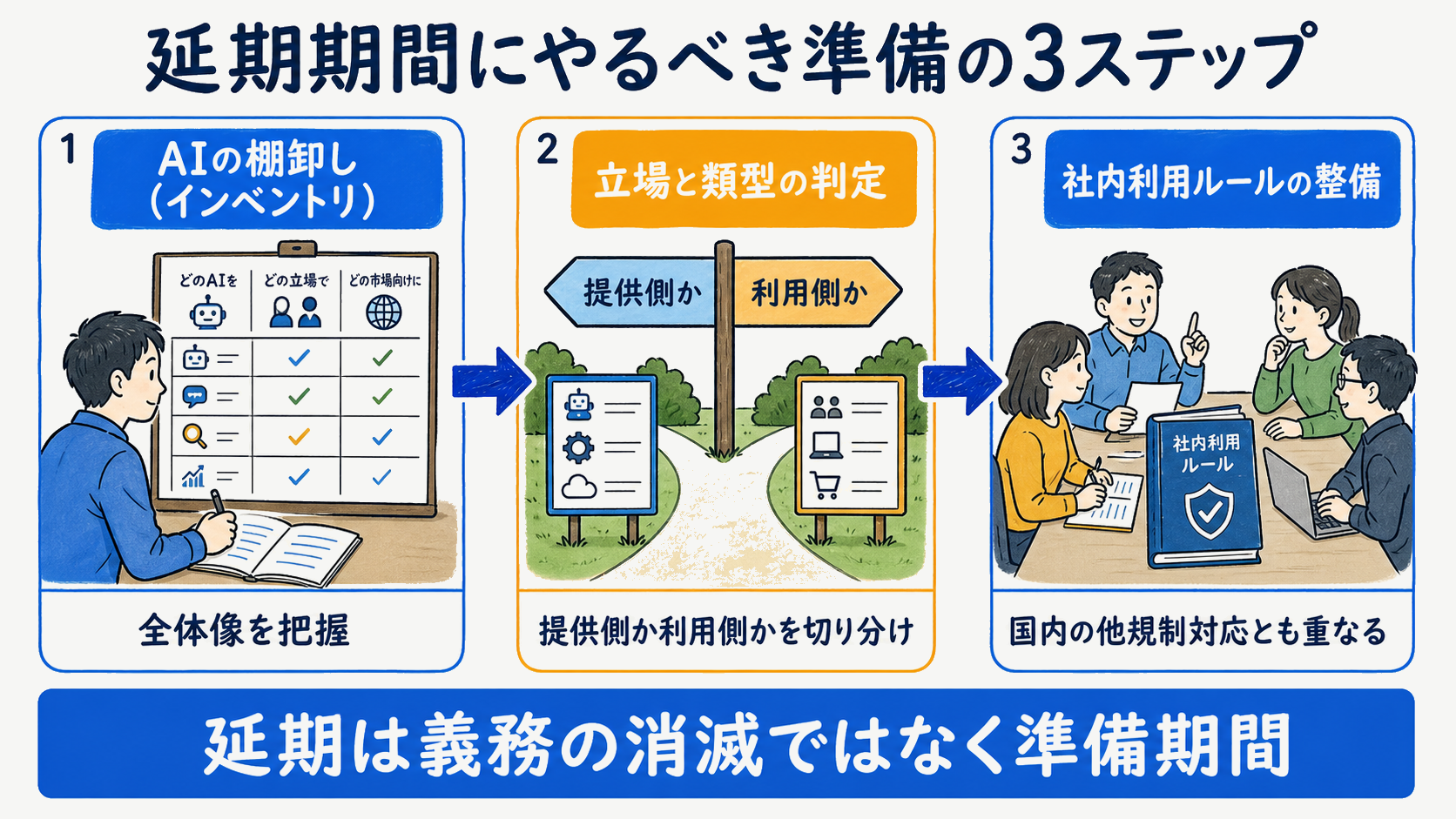 EU AI Actの延期期間に日本企業が着手すべき準備3ステップ(AI棚卸し・立場と類型の判定・社内ルール整備)を示す図解