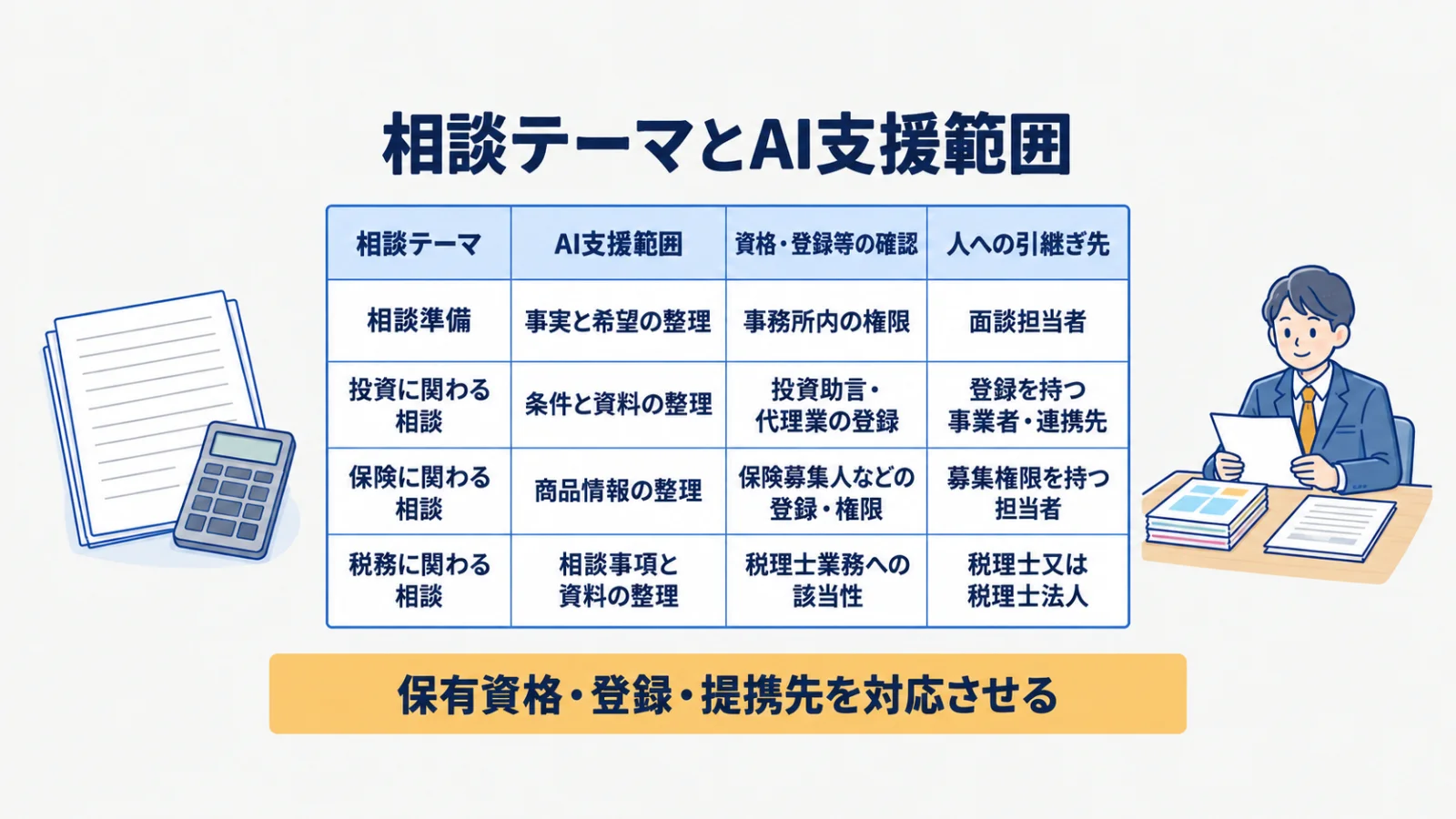 相談テーマ・AI支援・必要な資格や登録・引継ぎ先の対応表