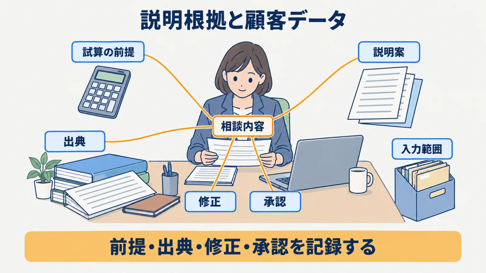 相談の前提・出典・修正理由・承認を顧客ごとに結ぶ記録図