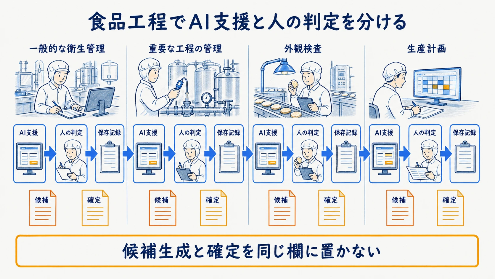HACCP記録・画像検査・需要予測を食品製造工程へ配置した適用可否図