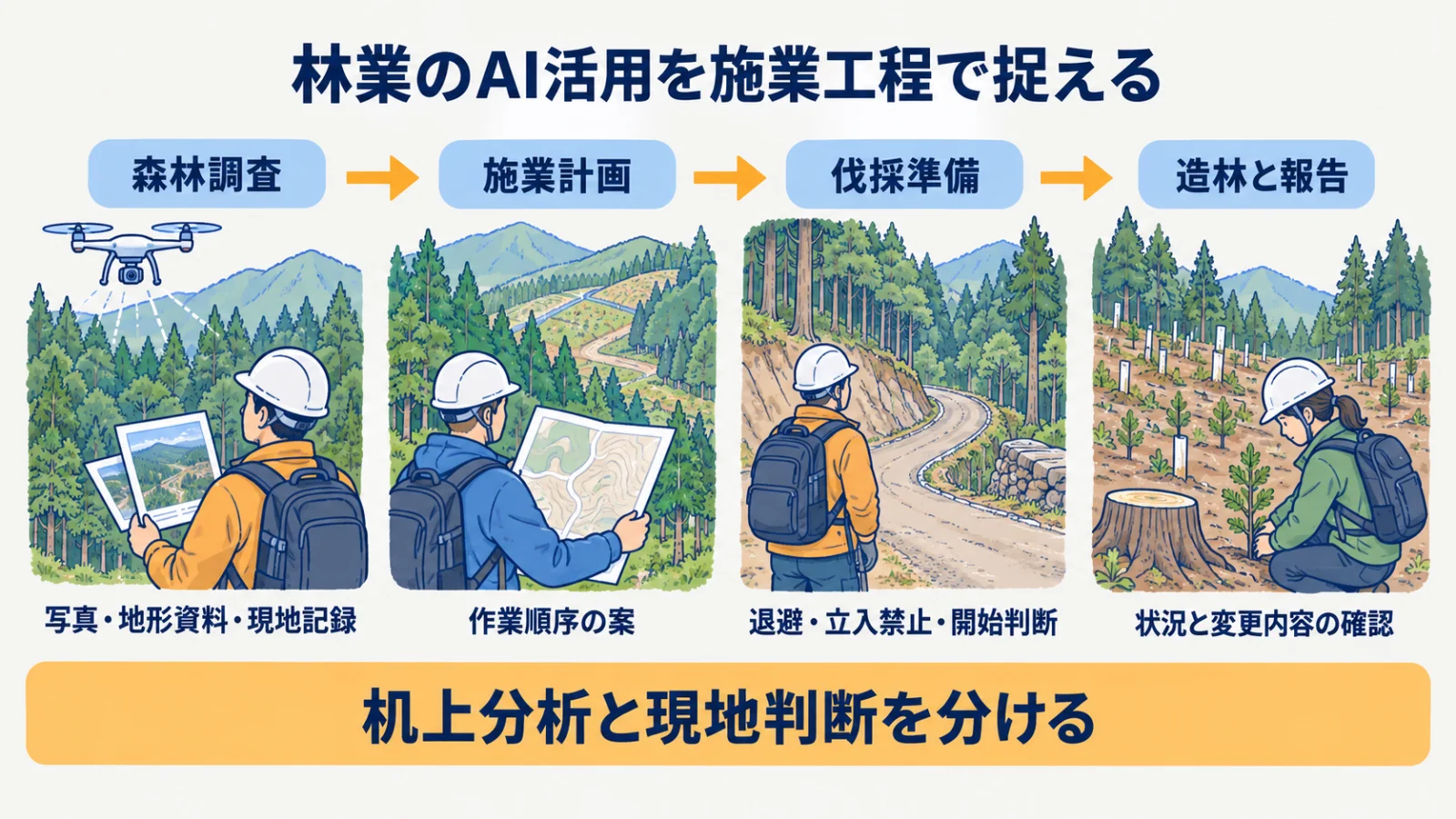 森林調査・施業計画・伐採・造林を情報と確認でつなぐ全体図