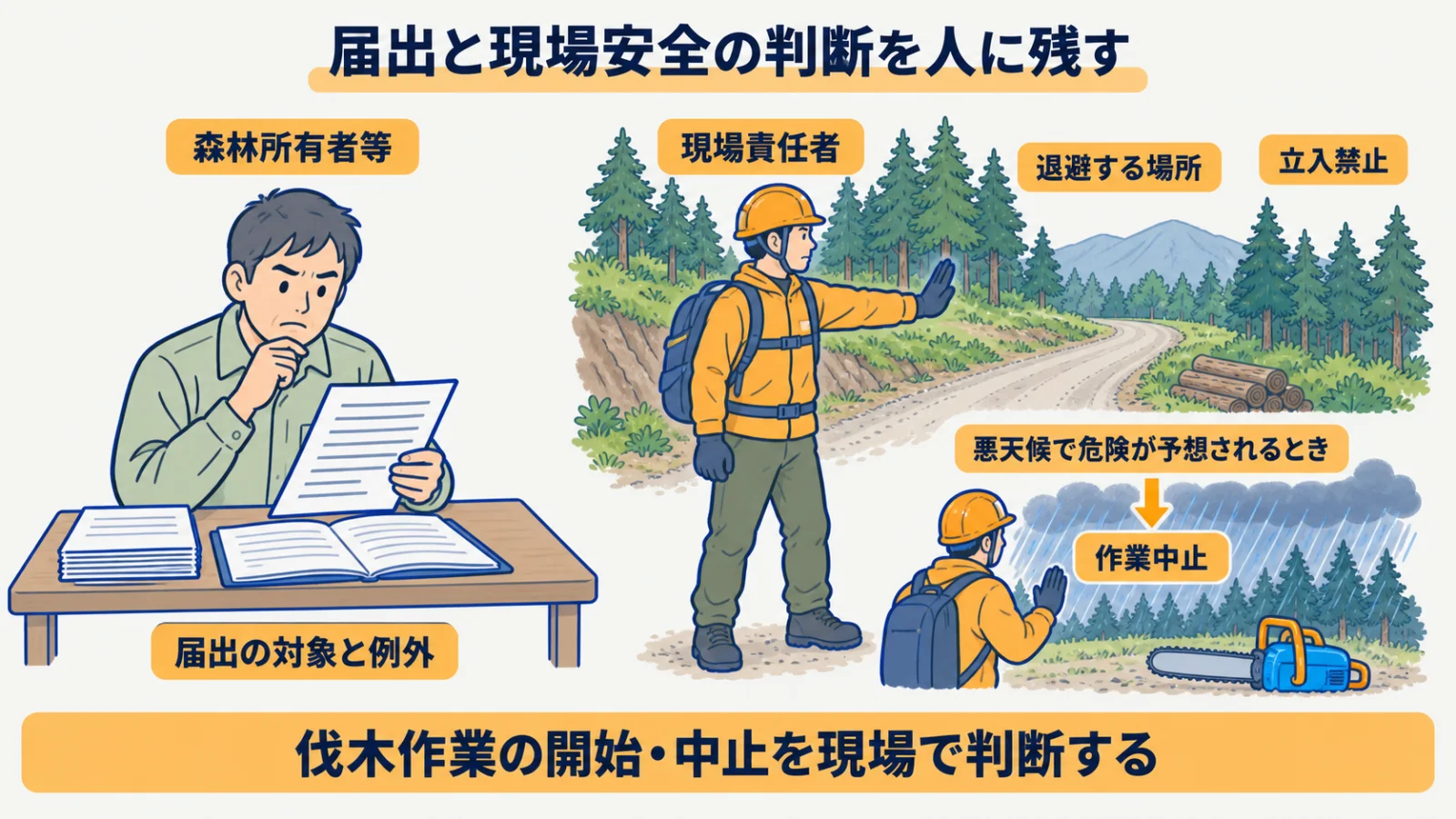 伐採前の届出確認と退避・立入禁止・悪天候時の作業中止を分ける図