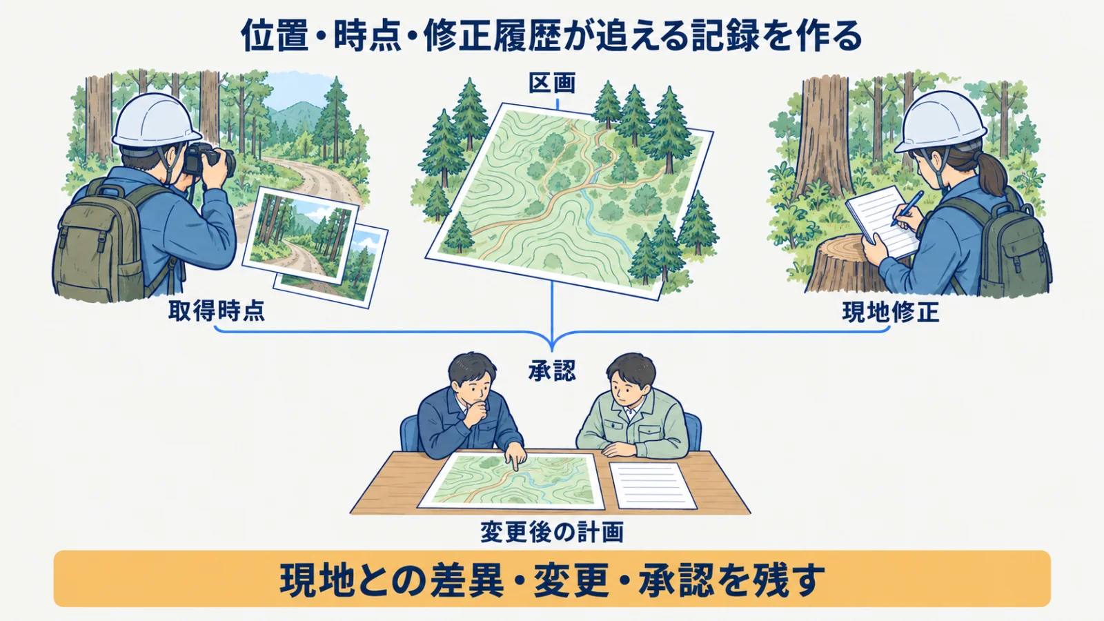 区画・情報の取得時点・現地修正と承認の記録を結ぶ図