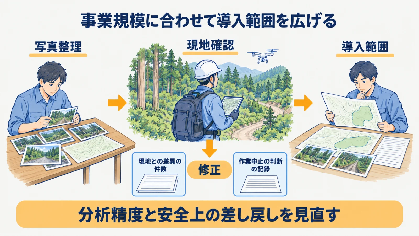 単一区画の写真整理から検証結果に応じて広げる導入段階図