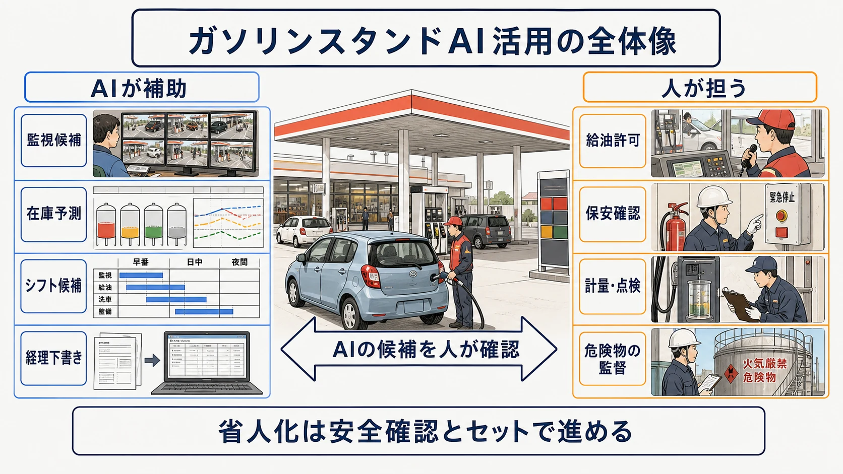 ガソリンスタンドの七業務をAI補助と人の法定判断に分けた全体図