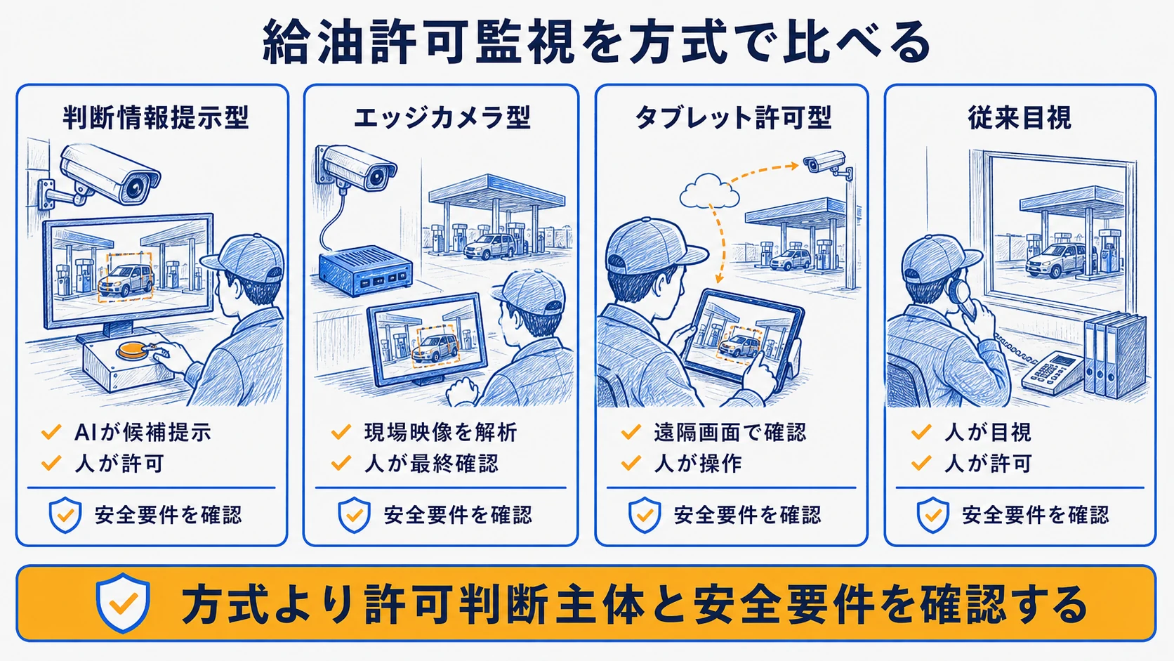AI給油許可監視の四方式を判断主体とSTEPと検知項目で並べた比較図