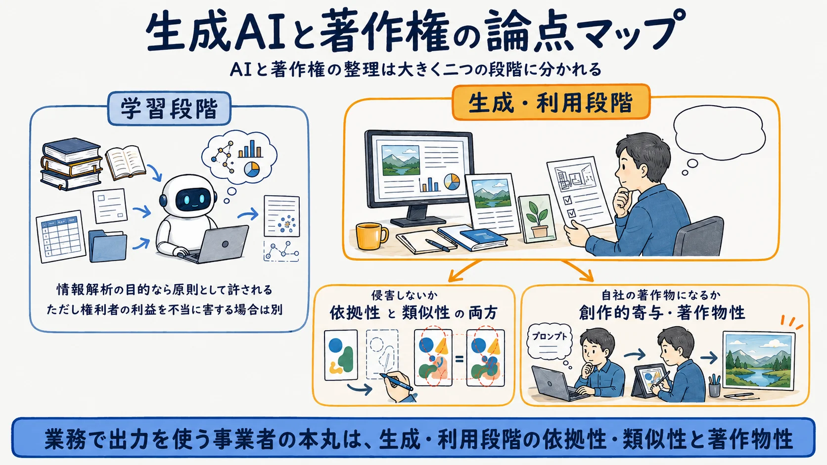 生成AIと著作権の論点マップ。学習段階と生成・利用段階の2段階、出力側は依拠性×類似性で侵害判断、生成物の著作物性は創作的寄与で判断する全体図