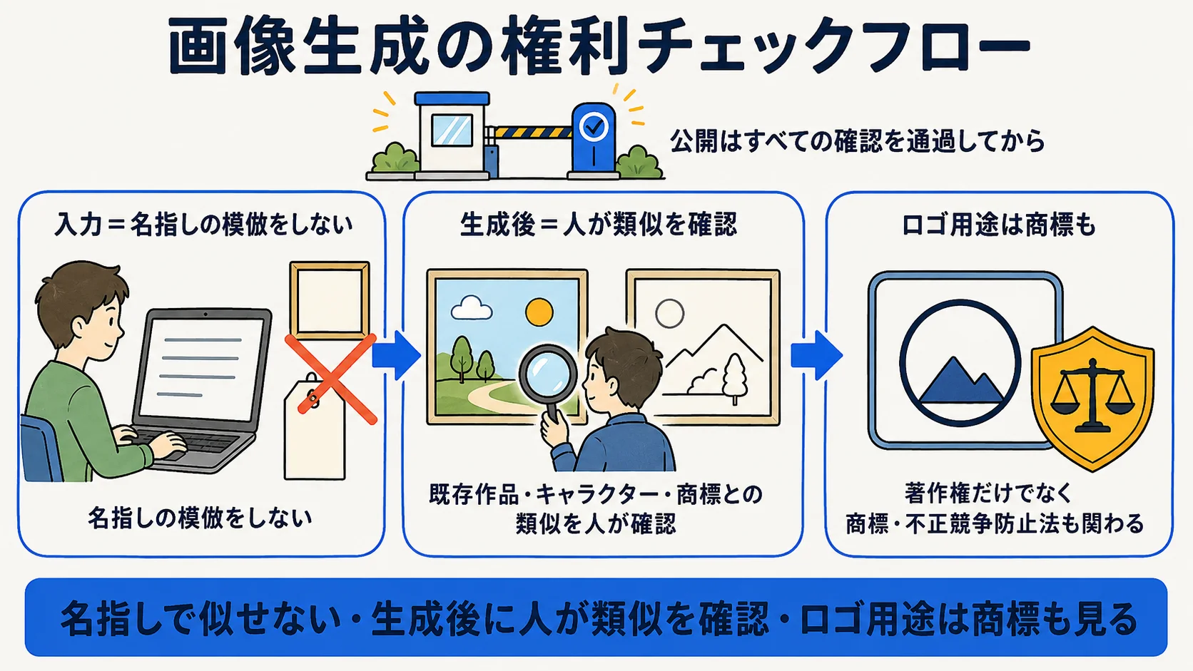 画像生成の権利チェックフロー。名指しの模倣プロンプトを避け、生成後に既存作品・キャラクター・商標との類似を人が確認し、ロゴ用途は商標も併せて確認する流れを示す手順図
