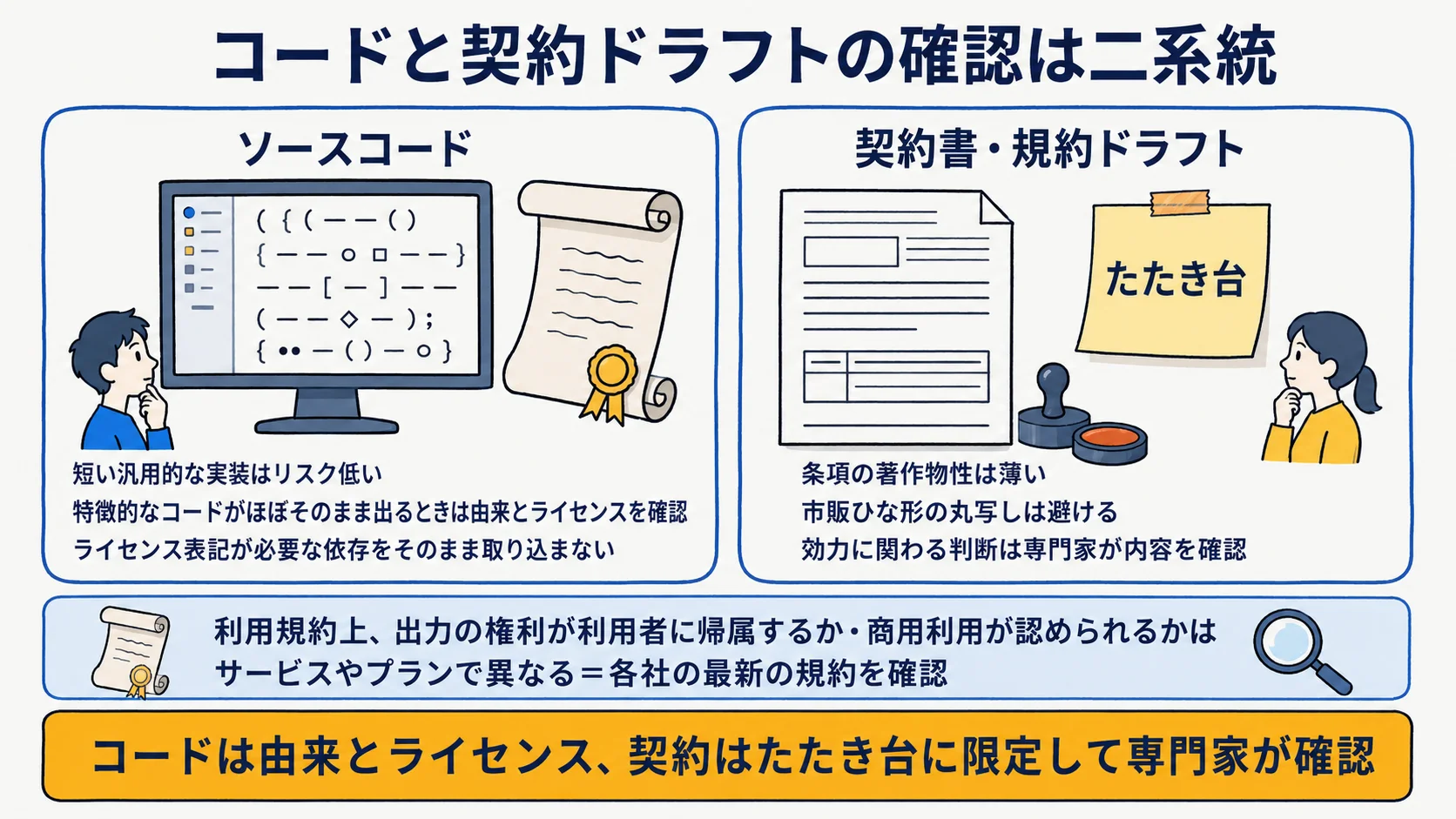 コードと契約ドラフトのライセンス・帰属チェック。生成コードは学習元ライセンスの条件と由来を確認し、契約ドラフトはたたき台に限定して専門家が内容を確認する二系統の確認図