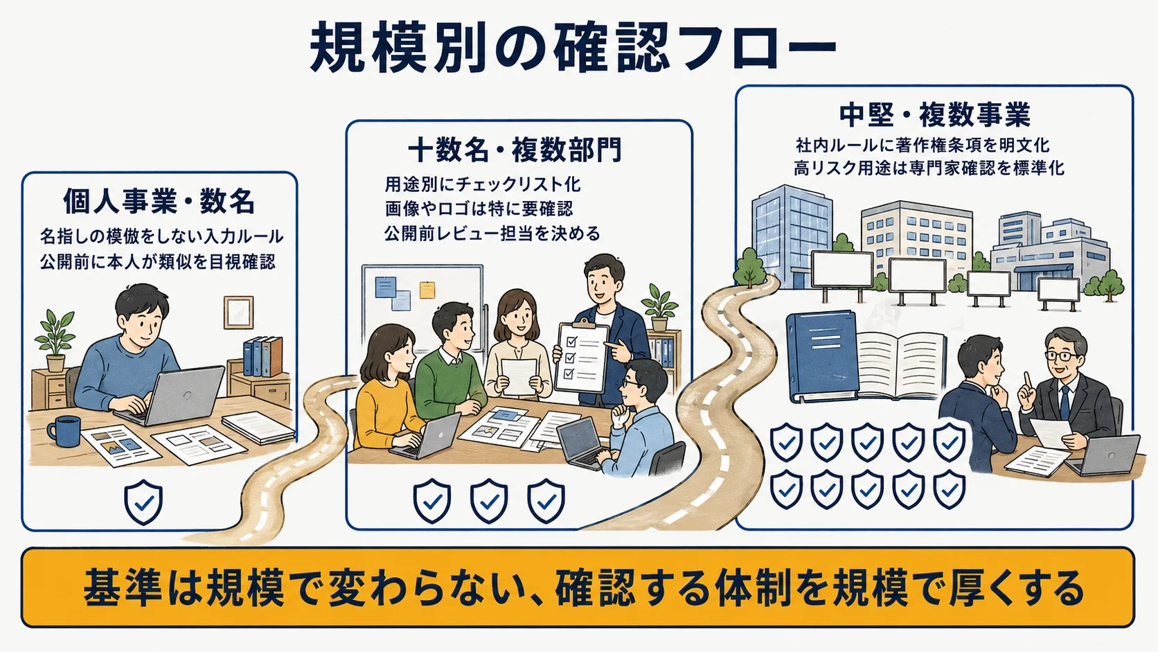 規模別の確認フロー。個人事業・数名、十数名・複数部門、中堅・複数事業の3段階で、入力ルール・チェックリスト化・社内ルール明文化と専門家確認へと体制を段階的に厚くするロードマップ