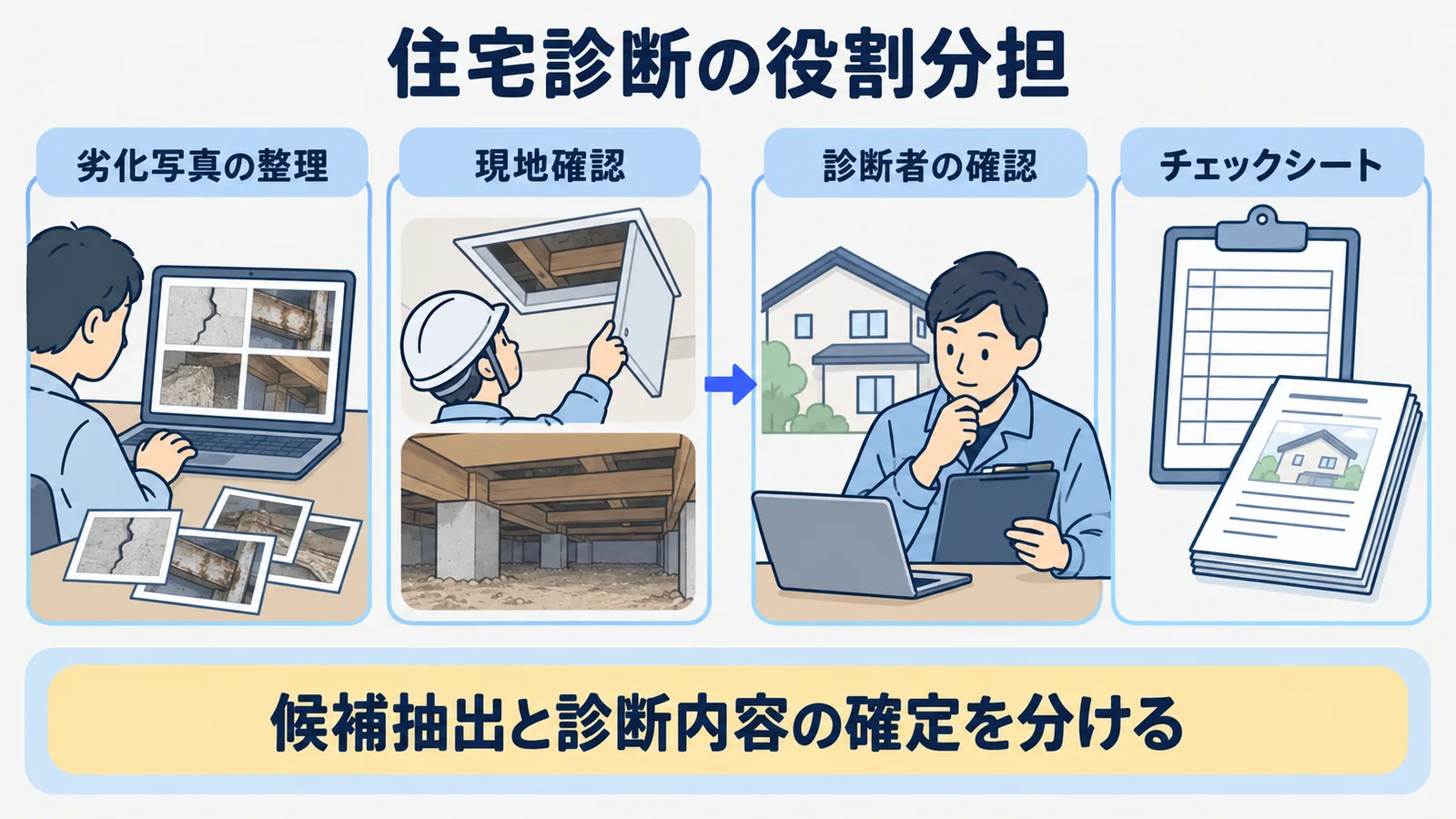 劣化写真、点検口、床下、診断報告書を使う住宅診断の役割分担表