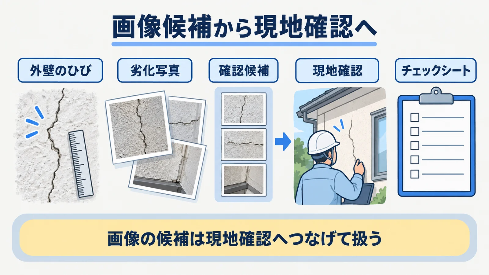 外壁のひびの画像候補から現地確認、チェックシートへ進む流れ