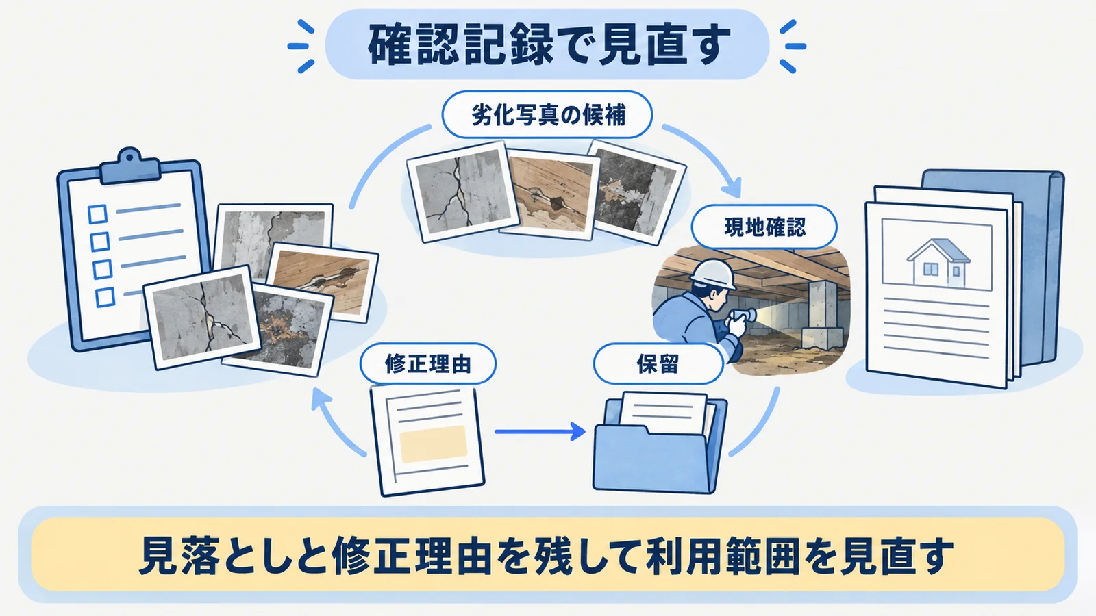 劣化写真の候補、現地確認、修正、保留を見直す循環図