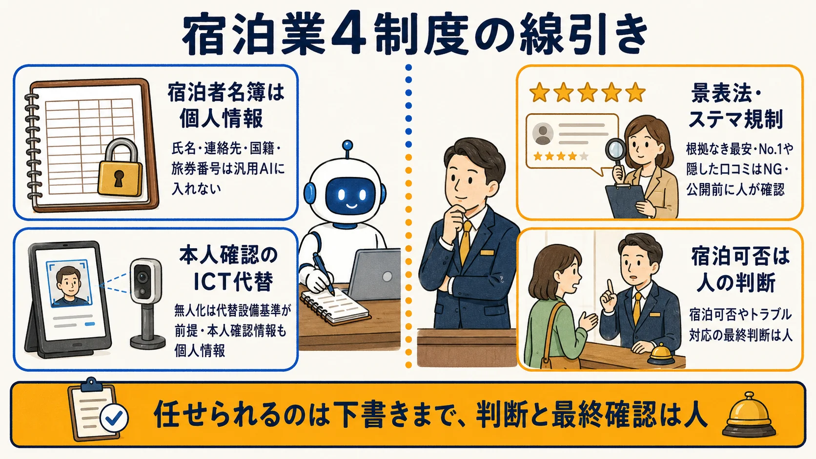 宿泊業4制度の線引き：宿泊者名簿は個人情報・本人確認のICT代替・景表法とステマ規制・宿泊可否は人の判断の関係を整理した図