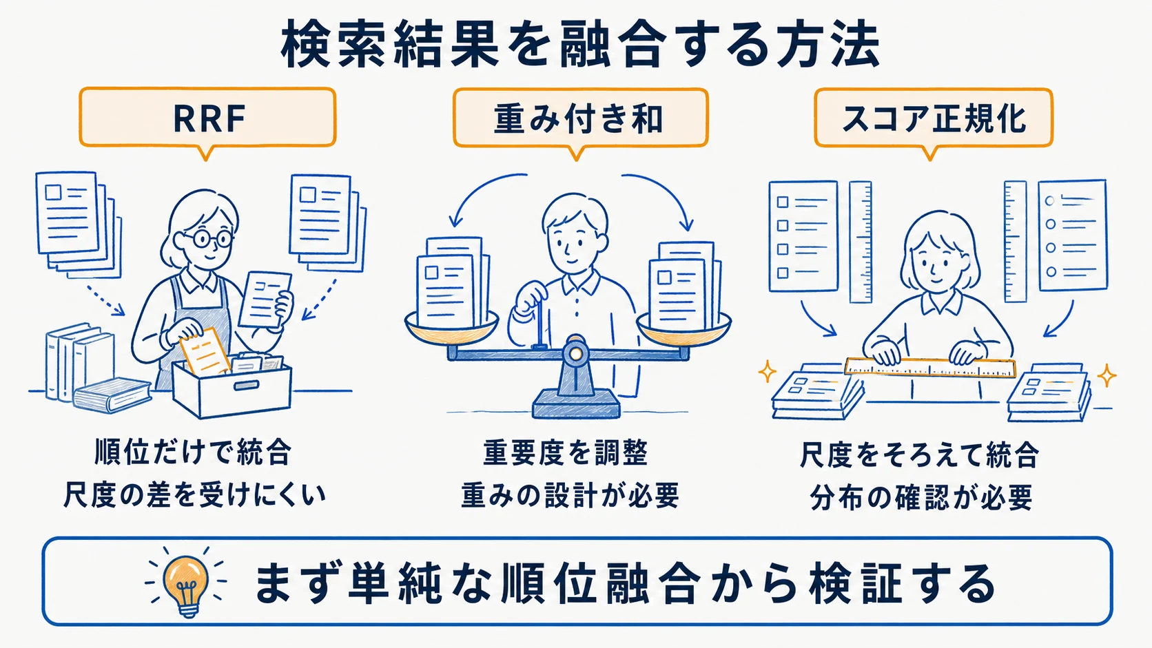 RRF・加重和・スコア正規化で検索結果を融合する考え方を比べる図