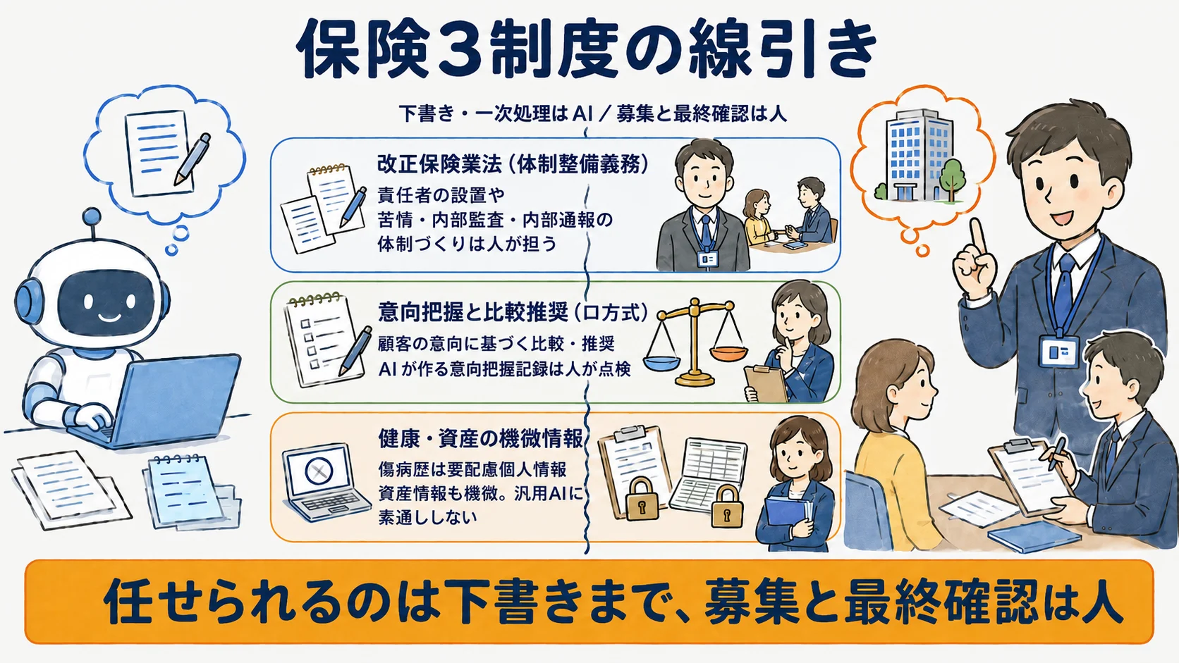 保険3制度の線引き：改正保険業法の体制整備義務・意向把握と比較推奨（ロ方式）・健康と資産の機微情報の関係を整理した図