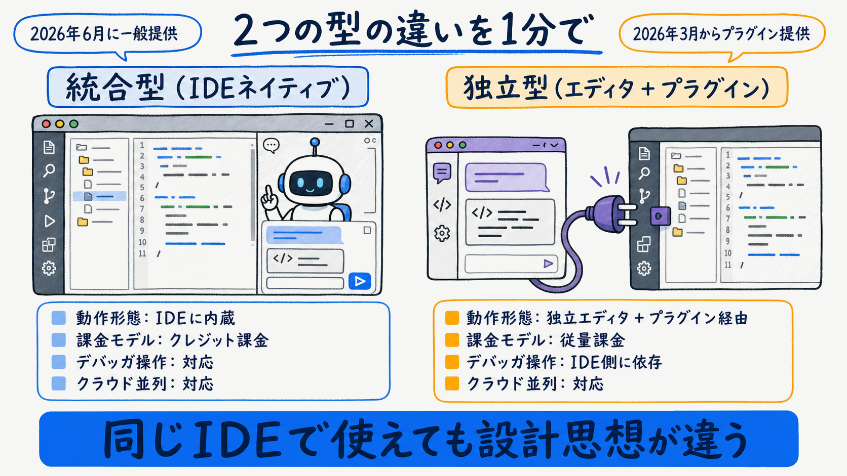 JetBrains JunieとCursorの違いを示す比較概要図
