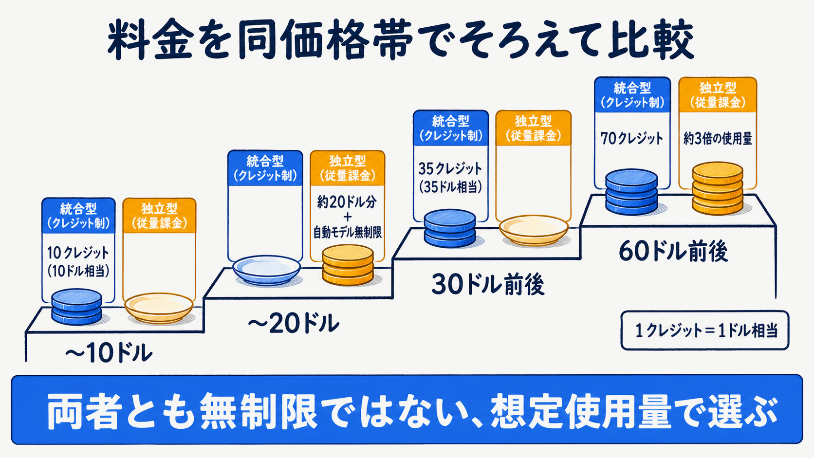 JetBrains AIのクレジット制とCursorの従量課金を同価格帯で並べた料金比較図
