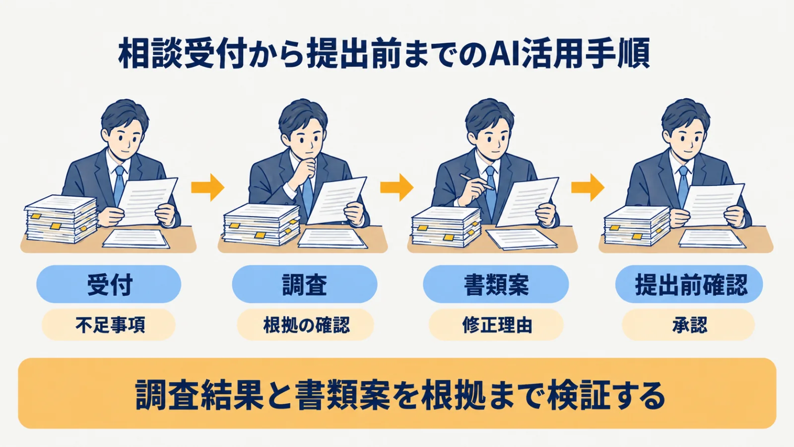 受付情報から不足事項・根拠の照合を経て提出前確認へ進む流れ