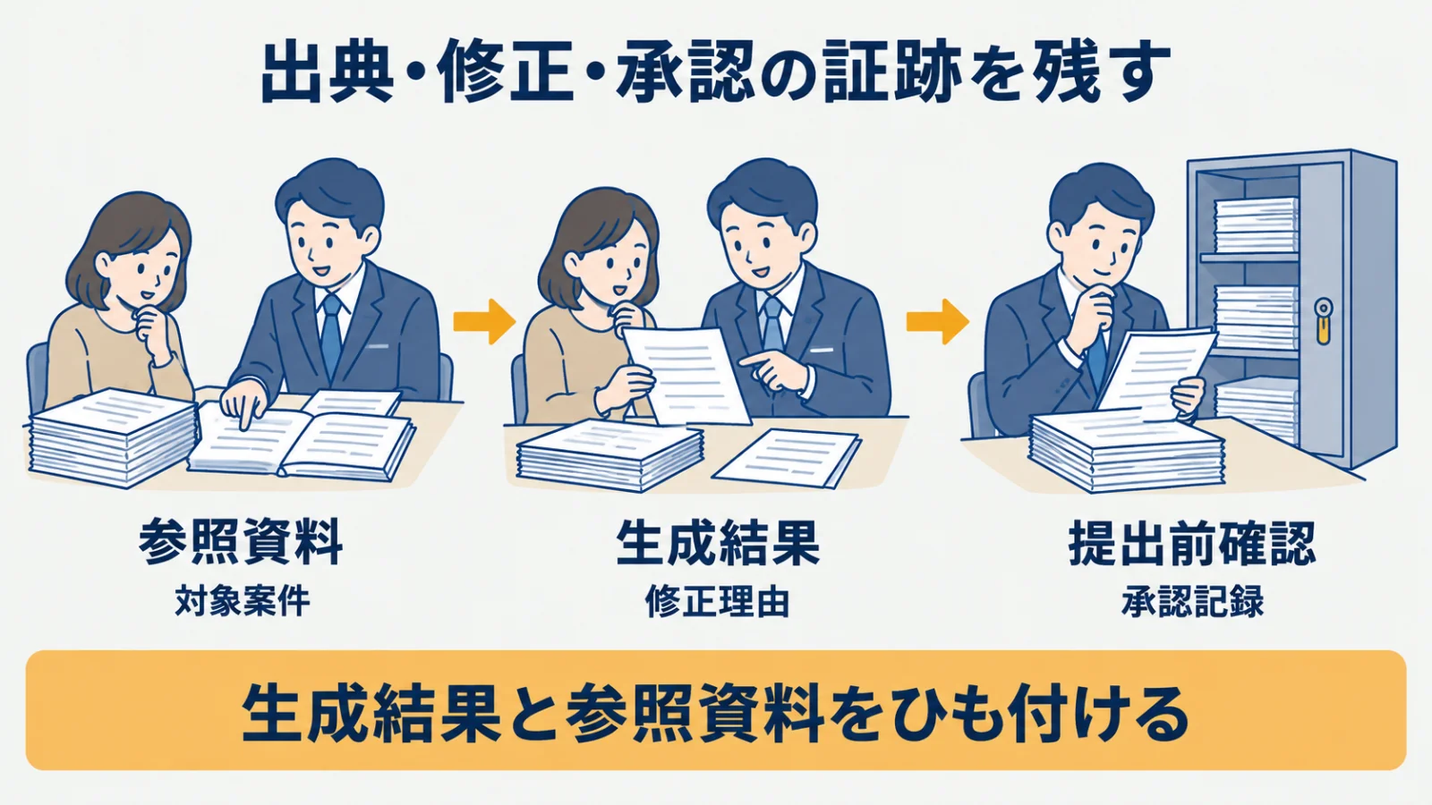 参照資料・生成結果・修正理由・承認記録を結び付ける関係図
