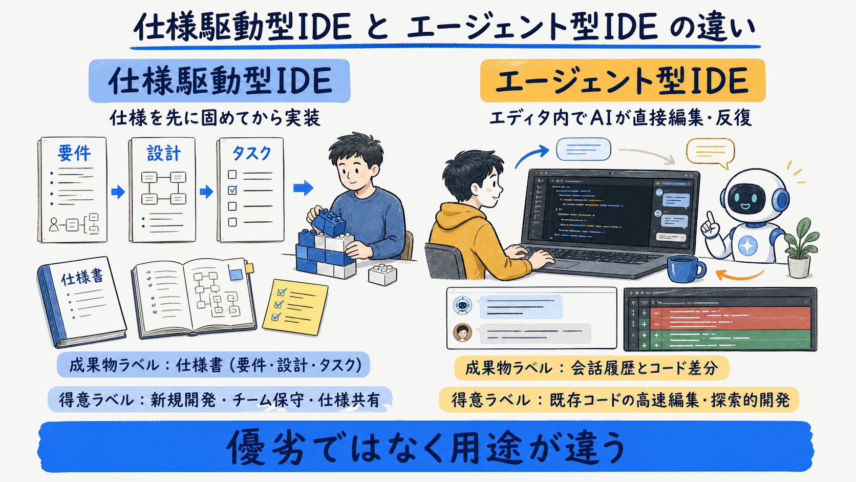 仕様駆動型IDEのKiroとエージェント型IDEのCursorをタイプ・思想・成果物で対比した概念図
