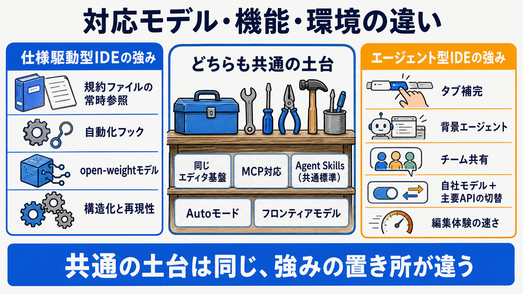 KiroとCursorの対応モデル・Autoモード・MCP・Agent Skillsなど機能環境を並べた比較図