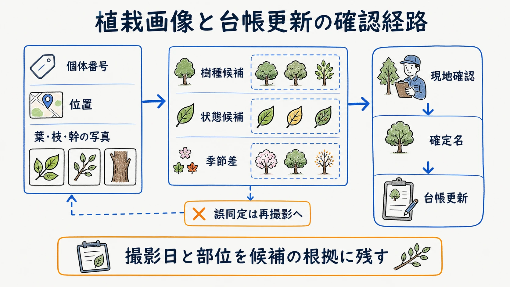 対象緑地と季節別写真から樹種・状態候補を植栽台帳へ戻す検証フロー