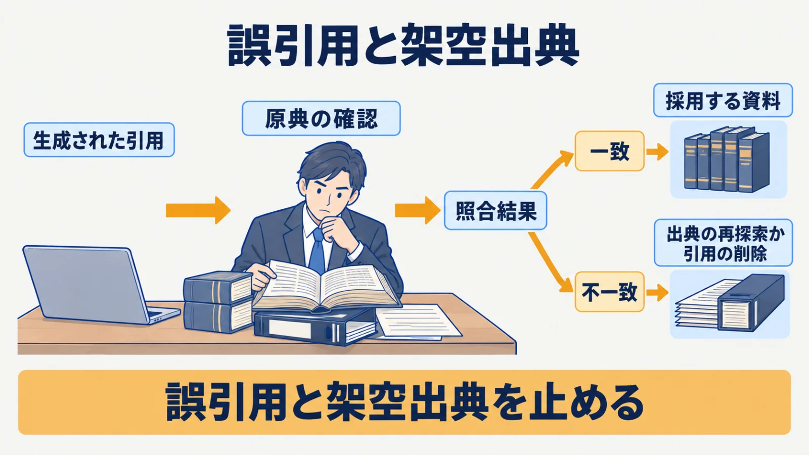 生成された引用を原典と照合し一致と不一致を分ける確認の流れ