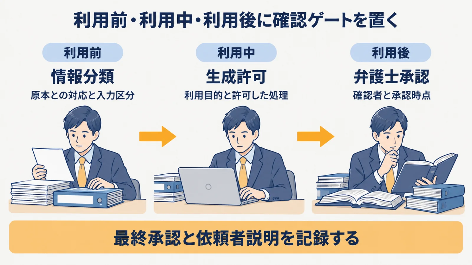 情報分類・生成許可・弁護士承認を順に確かめる確認ゲート
