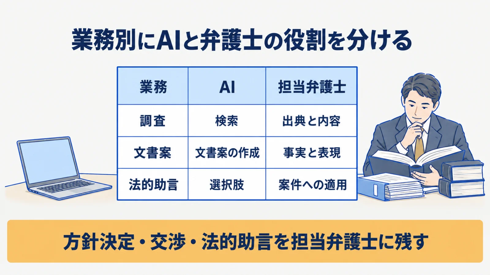 法令調査・文書案・法的助言でAIと担当弁護士の役割を分ける表