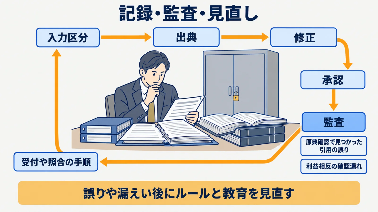 案件ごとの入力・出典・修正・承認を結び付ける記録と見直しの循環