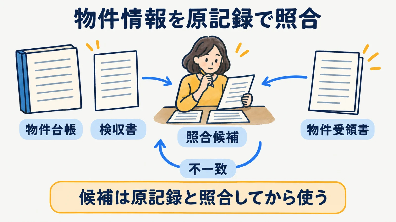 物件台帳、検収書、物件受領書の候補と確認記録を対応付ける図