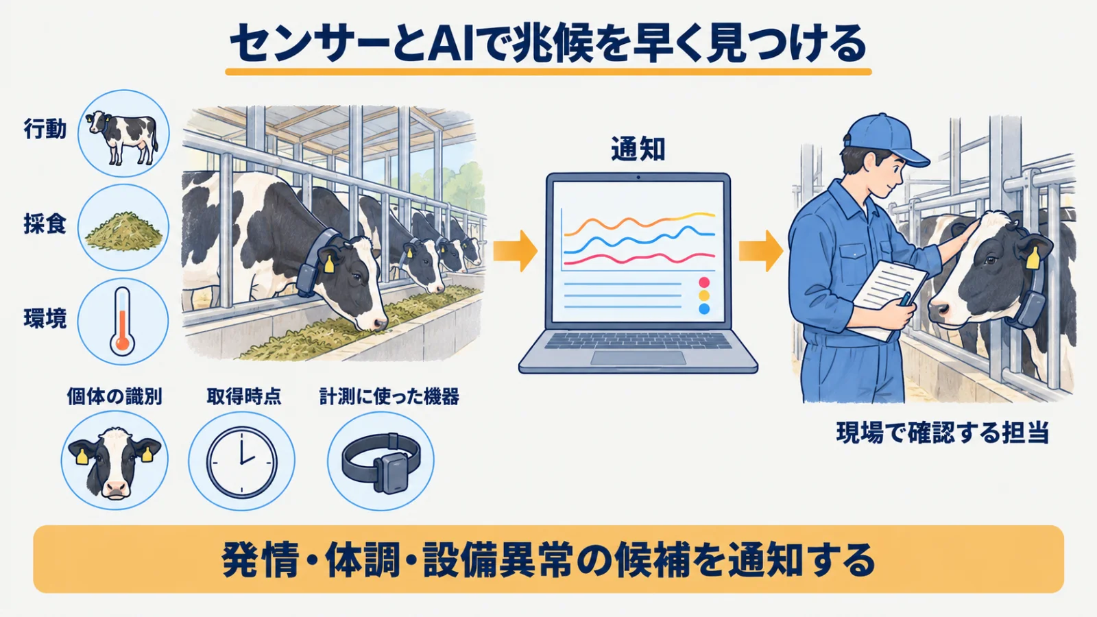 個体の行動・採食・環境情報から確認通知へ至る経路
