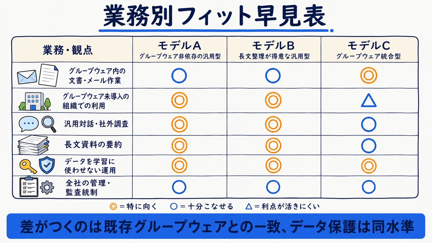 ChatGPT・Claude・Geminiの業務別フィット早見表。業務シーンごとに向き不向きを記号で整理