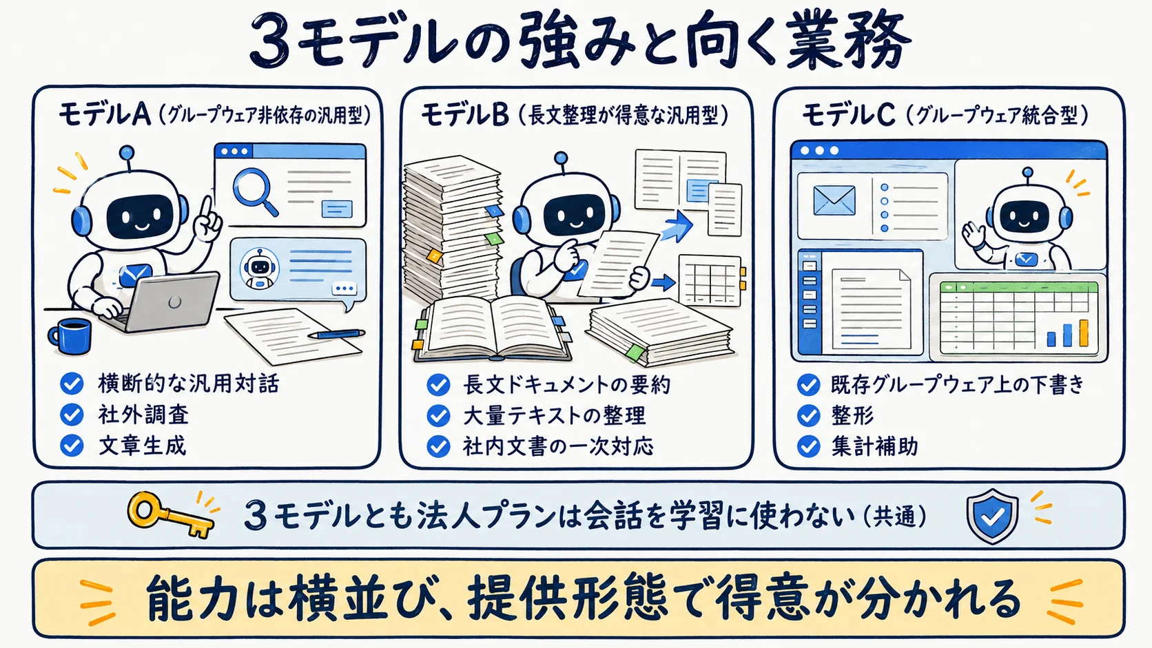 ChatGPT・Claude・Geminiそれぞれの強みと向く業務を3枚のカードで対比