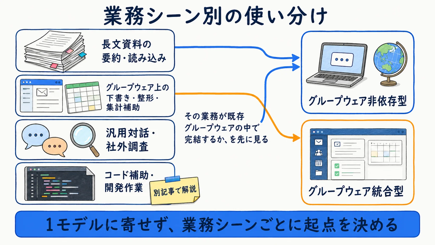 オフィス業務シーン別にどのモデルを起点にするかを整理した使い分けマップ
