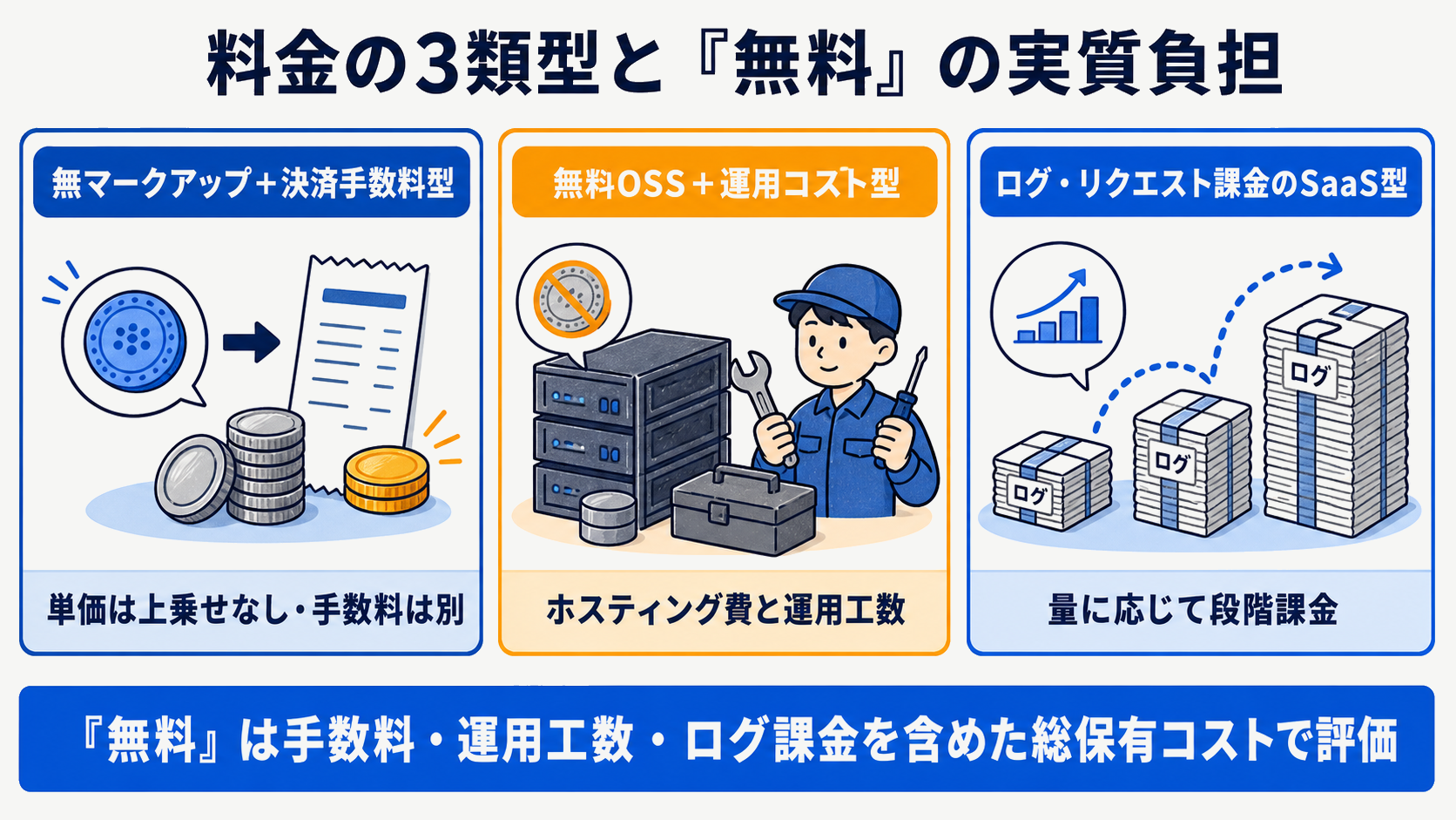 LLMゲートウェイの課金方式を無マークアップ型・OSS運用型・ログ課金SaaS型の3類型に分けた図解