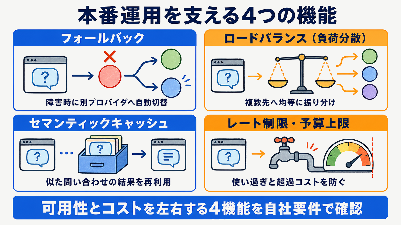 フォールバック・ロードバランス・セマンティックキャッシュ・レート制限など本番機能の比較を示す図解