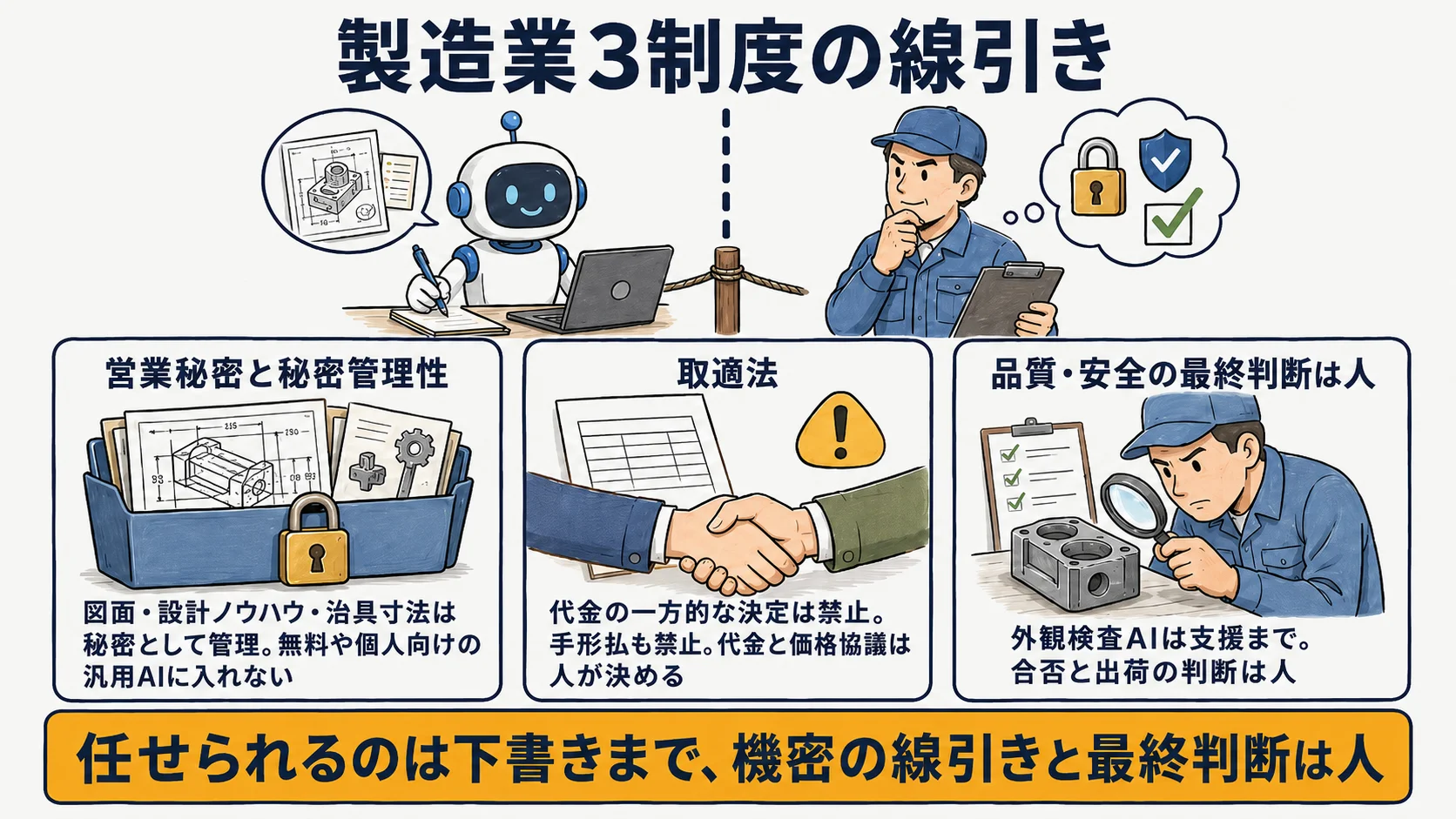 製造業の3つの線引き:営業秘密と秘密管理性・取適法による取引適正化・品質と安全の最終判断は人、の関係を整理した図