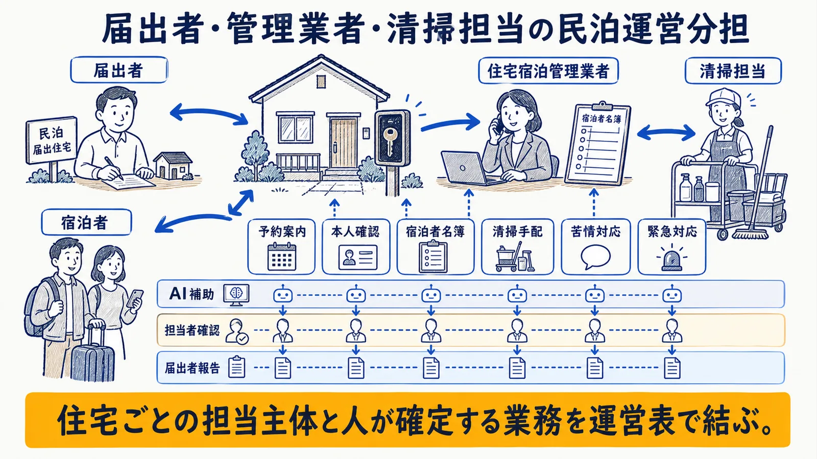 届出者・管理業者・清掃担当・宿泊者を結ぶ業務図