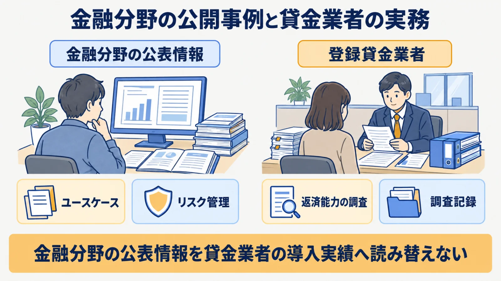 金融分野の公表情報と登録貸金業者の実務条件を分ける対照図