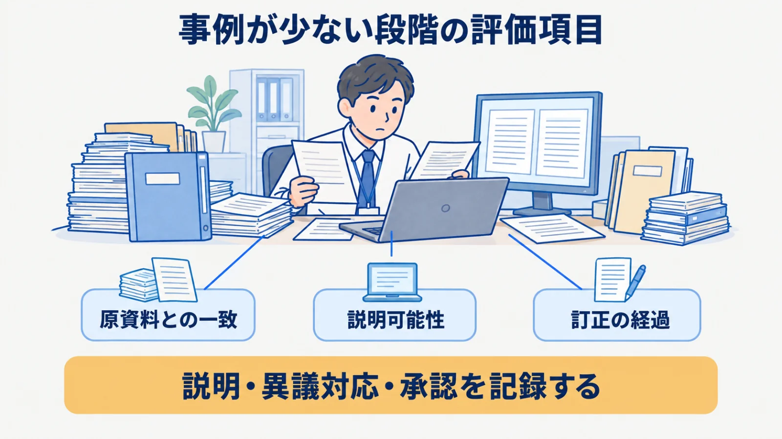事例が少ない段階で原資料との一致・説明・記録を確かめる評価項目